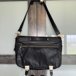 Vintage Black (Leather) Expandable Brief Case Messenger Bag Brass Hardware NWOT